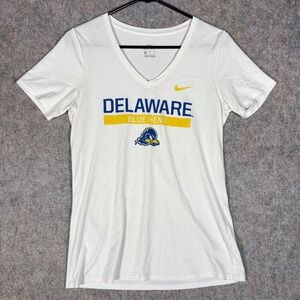 Nike T-Shirt Womens Small White Delaware Blue Hens Dri-FIT V-Neck Athletic Tee